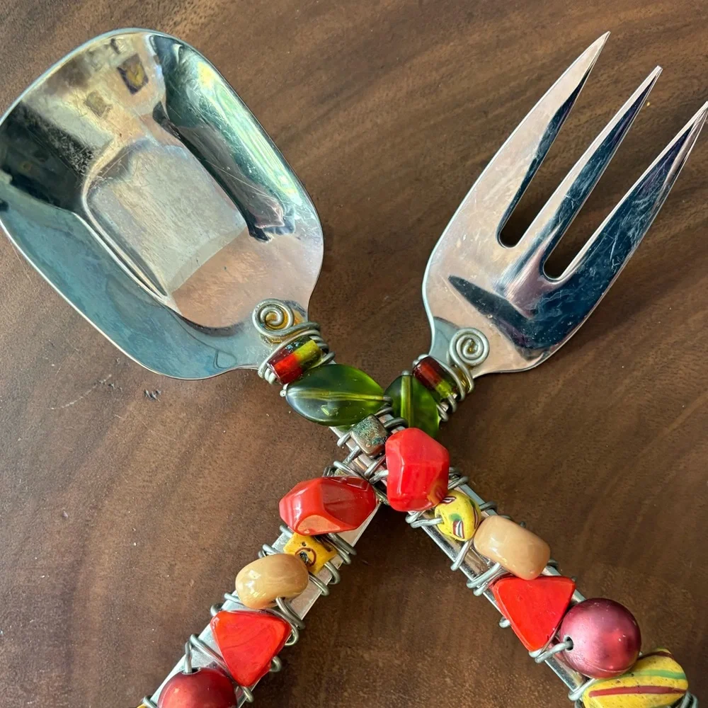 Handcrafted Beaded Serving Set - Orange, Gold, Red and Green - Picture 3 of 7